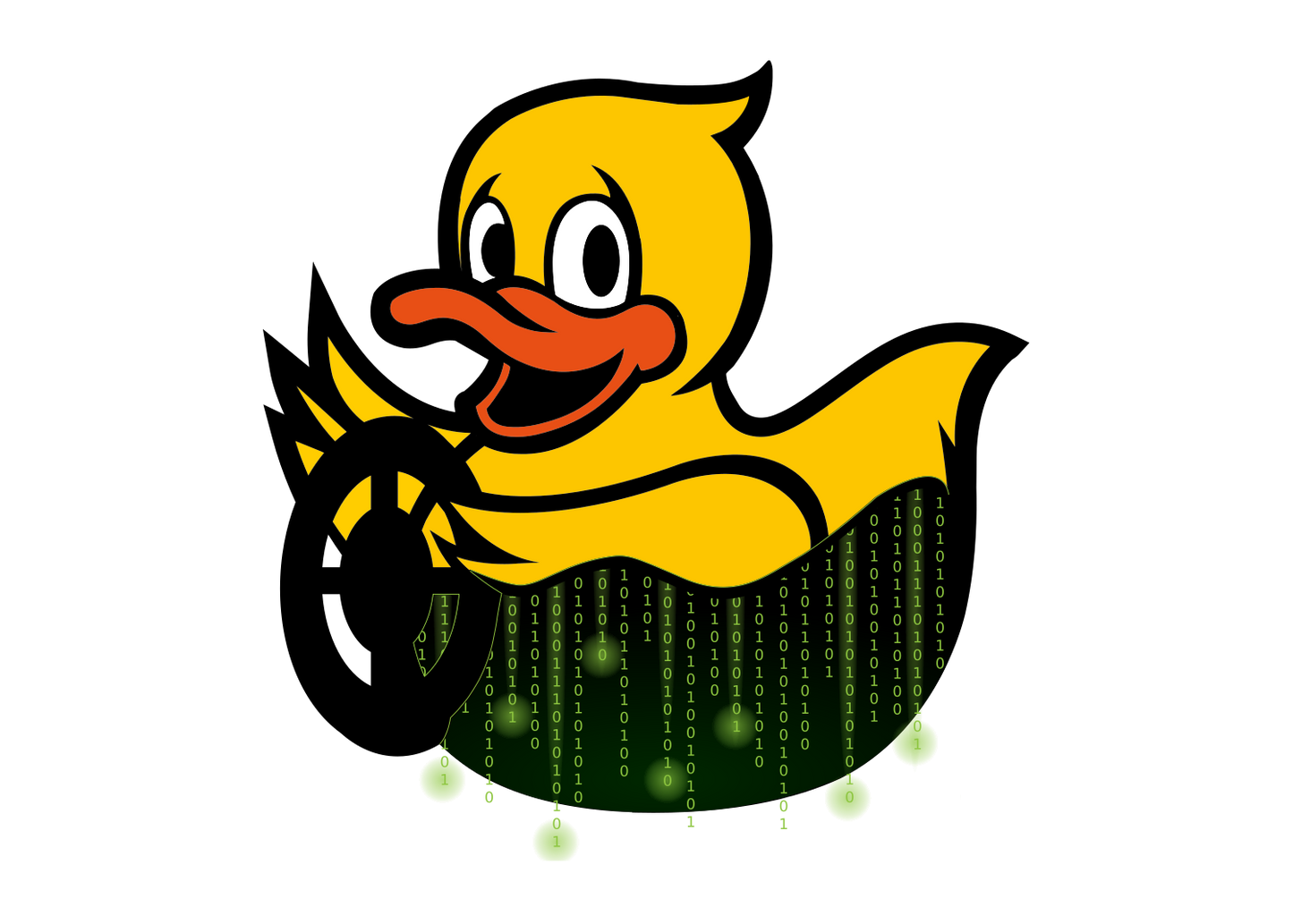 Cartoon duck holding a tire with matrix-style background