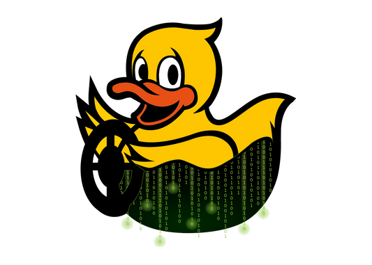 Cartoon duck holding a tire with matrix-style background
